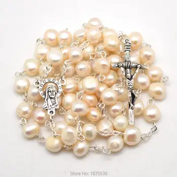 Baltos Spalvos Gėlavandenių Perlų Katalikų Papuošalų Imitacijos Karoliai Sveiki Individualų Rožinio