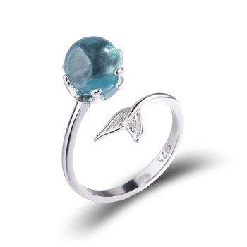 MloveAcc Prekės 925 Sterling Silver Blue Crystal Undinė Burbulas Atidaryti Žiedai Moterų Mados Undinėlės Uodega Ašaros Papuošalai