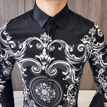 Baroko Stiliaus Marškinėliai Vyrams Paisley Spausdinti Slim Fit Marškinėliai Vyrams 2018 M. Rudenį Ilgomis Rankovėmis Chemise Homme Manche Longue Gėlių Marškinėliai Vyrams Korėjos