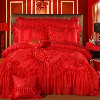 Raudona Rožinė Prabangių Nėrinių Vestuvės Patalynės rinkinys, Karalius ir Karalienė Dydžio Lova nustatyti Lovatiesė paklode scenografija Antklode padengti juego de cama