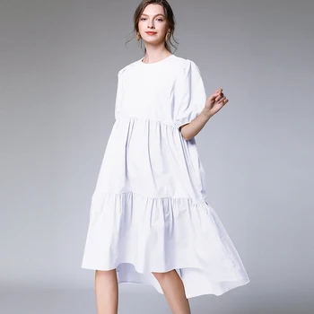 Vasarą naujos moterų plius dydis-trumpomis rankovėmis suknelės prarasti mados įgulos kaklo Susiėmę kratinys Elegantiška suknelė šešios spalva balta juoda
