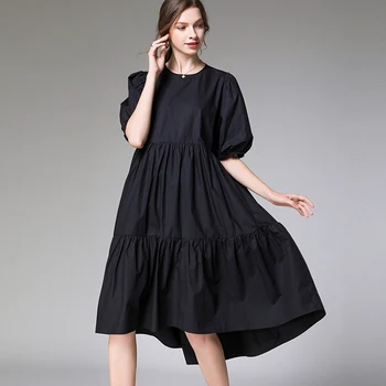 Vasarą naujos moterų plius dydis-trumpomis rankovėmis suknelės prarasti mados įgulos kaklo Susiėmę kratinys Elegantiška suknelė šešios spalva balta juoda