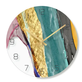 Šiaurės Dekoratyvinis Marmuro Spausdinimo Sieniniai Laikrodžiai Tyli Kvarco Apvalaus Stiklo Kabo Laikrodis Modernaus Dizaino Multi-colored Namų Dekoro