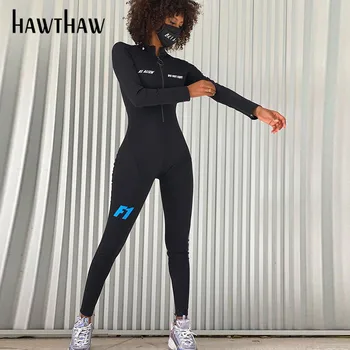 Hawthaw Moteris Rudens-Žiemos Ilgos Rankovės, Užtrauktuku Laiškas Spausdinti Bodycon Jumpsuit Romper Bendras 2020 M. Moterų Drabužių Streetwear