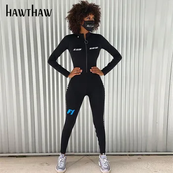 Hawthaw Moteris Rudens-Žiemos Ilgos Rankovės, Užtrauktuku Laiškas Spausdinti Bodycon Jumpsuit Romper Bendras 2020 M. Moterų Drabužių Streetwear
