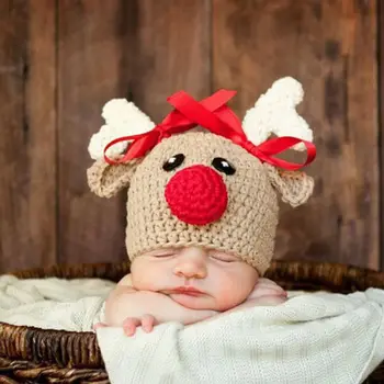 Naujausias Turistų Karšto Kūdikiams, Naujagimiams Bamblys Kūdikių Skrybėlę, Mezgimo Nėrimo Kalėdų Elnias Foto Prop Kostiumas Skrybėlę 0-4M