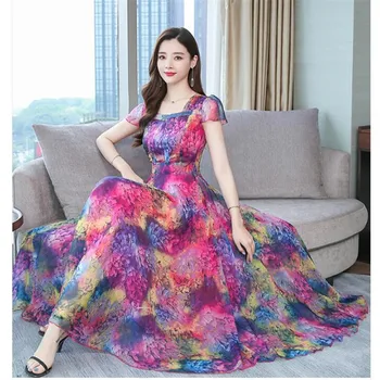 Šifono suknelė moterų 2020 m. vasarą naujas mados temperamentas aikštėje apykaklės trumpomis rankovėmis atspausdintas šilko slim ilga suknelė