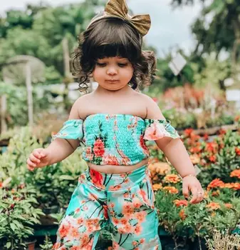 2020 Nauji 2vnt Vaikams Baby Girl Drabužiai Gėlių Vasaros Kostiumas Off Peties Apkarpyti Viršūnes Ilgas Kelnes, Padalinti Žavinga Apranga Nustatyti 2-6Years