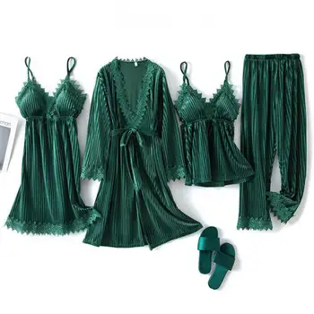 Green Velvet 4PCS Pižama Kostiumas Intymus apatinis Trikotažas Moterims Laisvalaikio Miego Nustatyti Homewear 2021 M. Rudenį Naujų Sleepwear Namų Drabužių