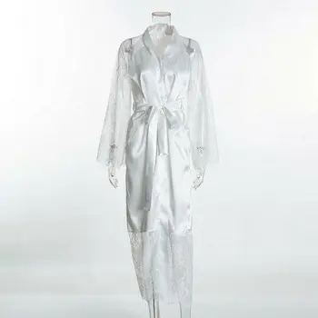 Sexy Moteris Šilko Nėriniai Skraiste Nightdress Sleepwear Kimono Ilgomis Rankovėmis Tvarstis Ilgas Mantijas Naktiniai Drabužiai