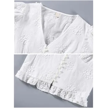 V-kaklo Moteris Marškinėliai Baltos spalvos Nėrinių Marškinėliai Moterims 2021 M. Pavasario Derliaus Sluoksniuotos Rankovėmis korėjos Viršuje Medvilniniai Siuvinėjimo Palaidinė Blusas Mujer 10536