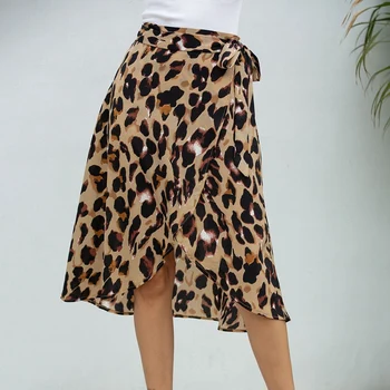 Moterų Šifono Leopardas Spausdinti Sijonas High Waisted Tvarstis Ilgi Sijonai, Seksualios Padalinta Tvarstis Sijonas Streetwear M Dydžio Ruda