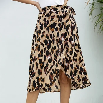 Moterų Šifono Leopardas Spausdinti Sijonas High Waisted Tvarstis Ilgi Sijonai, Seksualios Padalinta Tvarstis Sijonas Streetwear M Dydžio Ruda