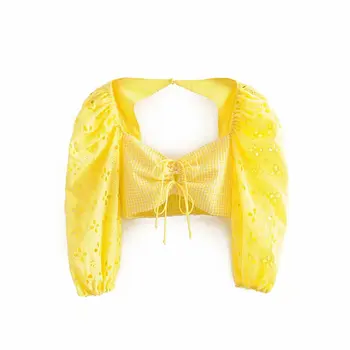 Dviejų dalių rinkinys moterims karštą vasaros tiulio pasėlių viršuje siuvinėjimo tuščiaviduriai iš ruched geltona klasikinis medvilnės mini sijonas