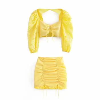 Dviejų dalių rinkinys moterims karštą vasaros tiulio pasėlių viršuje siuvinėjimo tuščiaviduriai iš ruched geltona klasikinis medvilnės mini sijonas