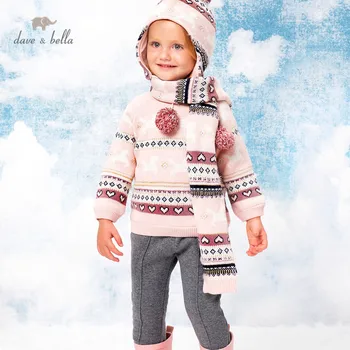 DB15685 dave bella žiemos kūdikių merginos Kalėdų animacinių filmų megzti megztinis vaikai mados bamblys boutique viršūnės