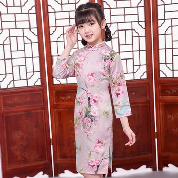 Gėlių Tradicinę Kinų Stiliaus suknelė Mergaitėms cheongsam qipao Naujųjų Metų Mielas Kūdikis Pavasario Šventė Šalies ilgomis rankovėmis Suknelės