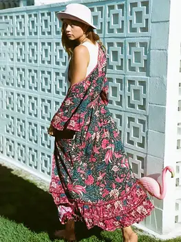 Jastie Gėlių Spausdinti Vintage Suknelė Bohemijos Maxi Suknelės Mygtuką V-Kaklo, Ilgai Moterų Suknelė Pynimas Boho Chic Paplūdimio Suknelės Vestidos
