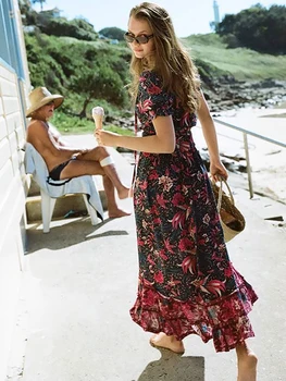 Jastie Gėlių Spausdinti Vintage Suknelė Bohemijos Maxi Suknelės Mygtuką V-Kaklo, Ilgai Moterų Suknelė Pynimas Boho Chic Paplūdimio Suknelės Vestidos