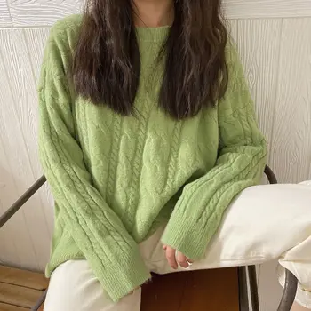 Moterų laisvas megztinis atsitiktinis o-kaklo, ilgomis rankovėmis korėjos megzti megztinis vientisų spalvų laisvas megztinis rudenį / žiemą 2020 m Megztinis
