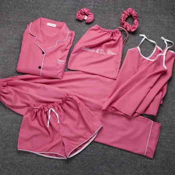 Kawaii ponios Sleepwear 7 Gabalus Nustatyti Pyjama rožinė satino, šilko seksualus naktiniai marškiniai, pižamos Rinkiniai minkštas, saldus, mielas naktiniai drabužiai dovanos, namų drabužių 2020 m.