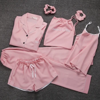 Kawaii ponios Sleepwear 7 Gabalus Nustatyti Pyjama rožinė satino, šilko seksualus naktiniai marškiniai, pižamos Rinkiniai minkštas, saldus, mielas naktiniai drabužiai dovanos, namų drabužių 2020 m.