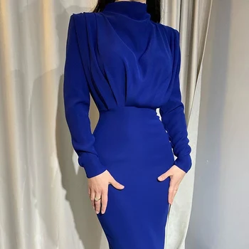 Beyouare Mados Elegantiškas Moterų Suknelė Stovėti Apykakle Ilgomis Rankovėmis Plonas Juosmens Mėlyną Kulkšnies Ilgis Suknelė Rudenį Atsitiktinis Šalis 2020 M.