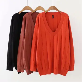 Plus size V-Kaklo lašas pečių rankovės moterų Megzti megztinis 2018 black & Plytų raudona & Pupelių smėlio spalvos ponios megztinis vilnos moteris