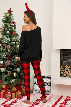 2019 M. Rudenį, Žiemą Moterys Kalėdų Homewear Moterų Laišką Ilgomis Rankovėmis Pledas Kelnės Atsitiktinis O-Kaklo Pyjama 2 Vnt Sleepwear