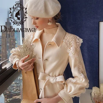 Dabuwawa Elegantiškas Vilnos Paltai Moterims Nėrinių Rankovės Vieną Krūtinėmis Varčias Saldus, Ilgas Kailis Outwear Office Ponios Žiemos DT1DLN024