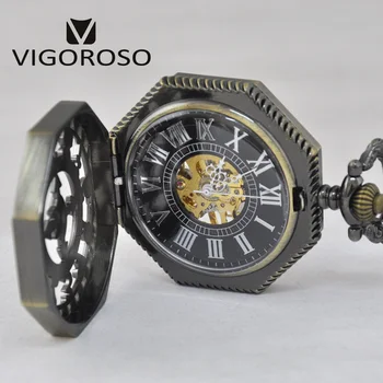 VIGOROSO Naujas Steampunk Bronza/Juoda/rožinė Aukso Lydinio, Mechaninė Kišenėje Žiūrėti Mados Dizaino Skeleto Ranka Likvidavimo Laikrodžiai Laikrodis