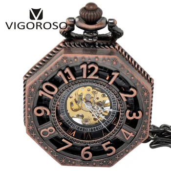 VIGOROSO Naujas Steampunk Bronza/Juoda/rožinė Aukso Lydinio, Mechaninė Kišenėje Žiūrėti Mados Dizaino Skeleto Ranka Likvidavimo Laikrodžiai Laikrodis