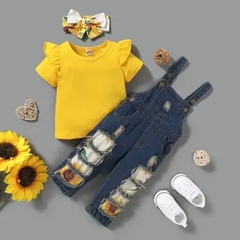 Kūdikių Drabužiai 12 Mėnesių Mergaitės Vaikams Vasarą Boutique Komplektus Geltonos spalvos Šortai Rankovėmis T-shirt Saulėgrąžų Suspender Džinsai Kelnės