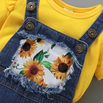 Kūdikių Drabužiai 12 Mėnesių Mergaitės Vaikams Vasarą Boutique Komplektus Geltonos spalvos Šortai Rankovėmis T-shirt Saulėgrąžų Suspender Džinsai Kelnės