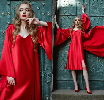 Dviejų dalių Naujas Seksualus apatinis Trikotažas Raudona Moterų Ponios Nuotaka Rūbeliai Kimono Skraiste, Satino, Šilko, Nėrinių Naktį Dėvėti Suknelė Sleepwear