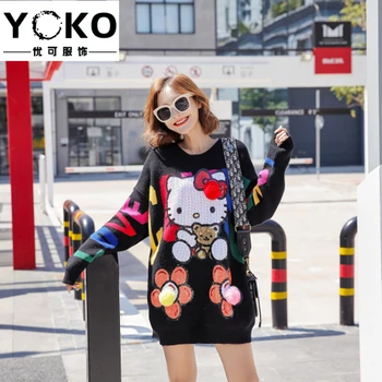 YOKO moterų streetwear atsitiktinis palaidų O-kaklo megztinis blizgančiais megztinis plius dydis suknelė ilgomis rankovėmis Kitty cat animacinių filmų mados suknelės