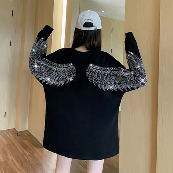 Harajuku Sparnus Modelio moteriški marškinėliai ilgomis Rankovėmis O-kaklo 2021 m. Pavasarį Naujas Prarasti Gręžimo Viršų Moteris Tshirts atsitiktinis Moterų Drabužiai