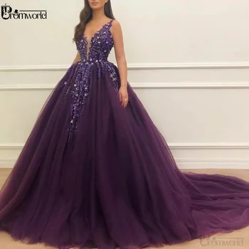 Deep Purple Rankovių Kristalai Zawalcowany Kamuolys Suknelė Prom Dresses 2020 Vestidos De Gala Giliai V Kaklo Promenadzie Suknelė Ilgai