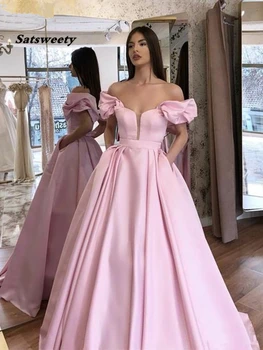 Rožinė Off Peties Musulmonų Vakaro Suknelės 2020 Satino Promenadzie Suknelė Dubajus Kaftan Saudo Arabų Elegantiškas Oficialų Suknelė Chalatas De Soiree