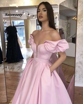 Rožinė Off Peties Musulmonų Vakaro Suknelės 2020 Satino Promenadzie Suknelė Dubajus Kaftan Saudo Arabų Elegantiškas Oficialų Suknelė Chalatas De Soiree