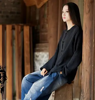 2020 m. pavasario ir vasaros medvilnės ir lino moteriški drabužiai naujas produktas Nianbaixiufang originalus retro stand-up apykaklės, mygtuką palaidinė