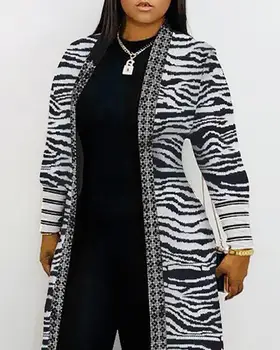 2020 M. Rudenį Moterų Mados Elegantiškas Atsitiktinis Geometrijos Zebra Juostele Spausdinti Briaunoti Megztinis Atidaryti Priekiniai Ilgomis Rankovėmis Laisvas Megztinis Moterims