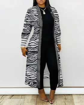 2020 M. Rudenį Moterų Mados Elegantiškas Atsitiktinis Geometrijos Zebra Juostele Spausdinti Briaunoti Megztinis Atidaryti Priekiniai Ilgomis Rankovėmis Laisvas Megztinis Moterims