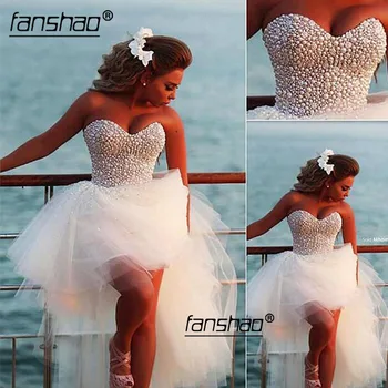 Fanshao Hi Low Vestido De Noiva Nėrinių Vestuvių Suknelės-line Brangioji Tiulio Perlai Trumpas Paplūdimys, Dubajaus arabų Chalatai Nuotakos