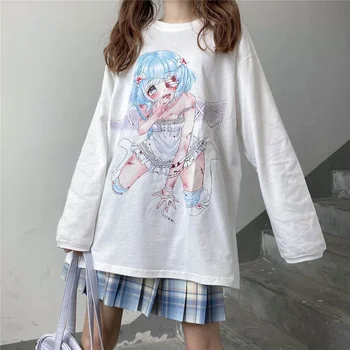 White t-shirt naujas Japonų jk ilgomis rankovėmis moteriška minkštas sesuo ins kolegijos stilius laisvas mergina spausdinimo white t-shirt studentų marškinėliai