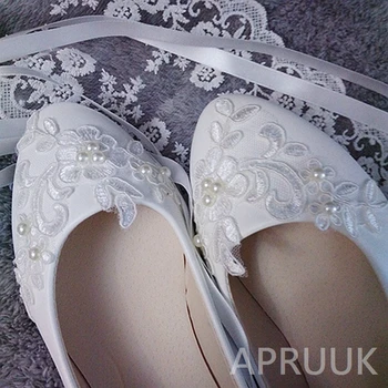 Nėrinių juostelės vestuvių batai nuotaka butas kulnas rankų darbo prabangūs nėriniai perlai baltos, dramblio kaulo, moterų nuotakos gėlių mergaičių plius dydžių butai
