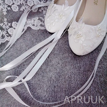 Nėrinių juostelės vestuvių batai nuotaka butas kulnas rankų darbo prabangūs nėriniai perlai baltos, dramblio kaulo, moterų nuotakos gėlių mergaičių plius dydžių butai