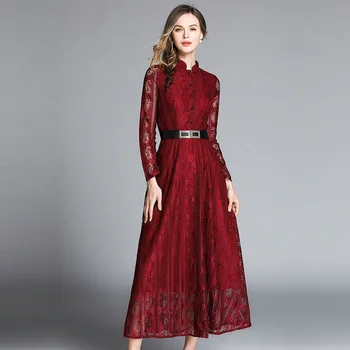 2019 Sping Moterų Atsitiktinis Nėrinių Suknelė Mados ilgomis Rankovėmis Elegantiškas Slim-line Moterų Suknelės, Šaliai