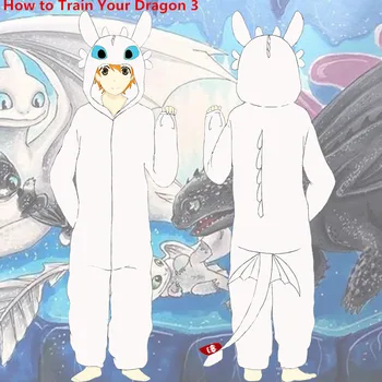 Animacinių filmų, Kaip Traukinio Jūsų Drakonas 3 Cosplay Kostiumų Baltos Šviesos Fury Toothless Vaikams Suaugusiųjų Pižama, Chalatas Jumpsuit Sleepwear Naujas