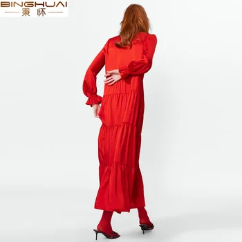 2019 Moterų maxi raudona suknelė aukšto kaklo kaklaraištis Boho Chic Moterų Suknelė Pynimas Teka Suknelės ilgomis Rankovėmis Vasaros Suknelė Moterų Vestidos